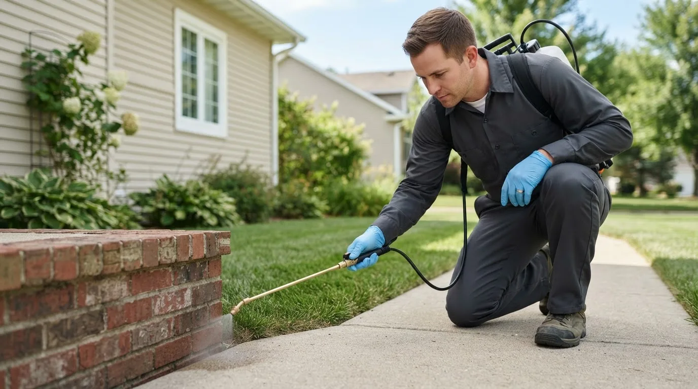 Pest control technician treating a home near Lexington, OK