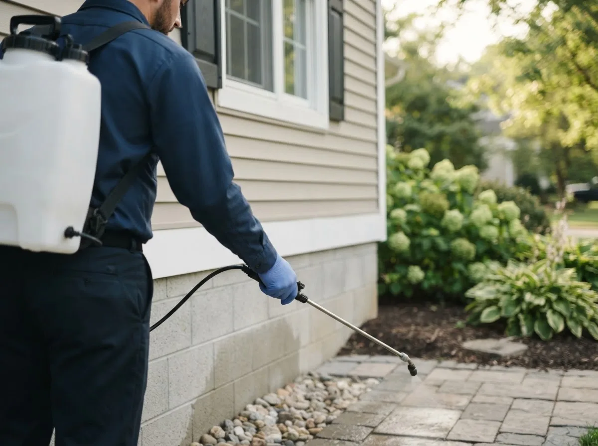 Pest control technician inspecting a home in Lexington, OK